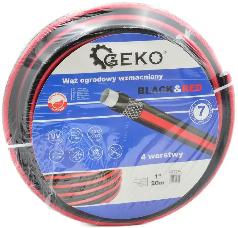 Geko megerősített kerti locsolótömlő, fekete-piros, 1", 20m Autentikus