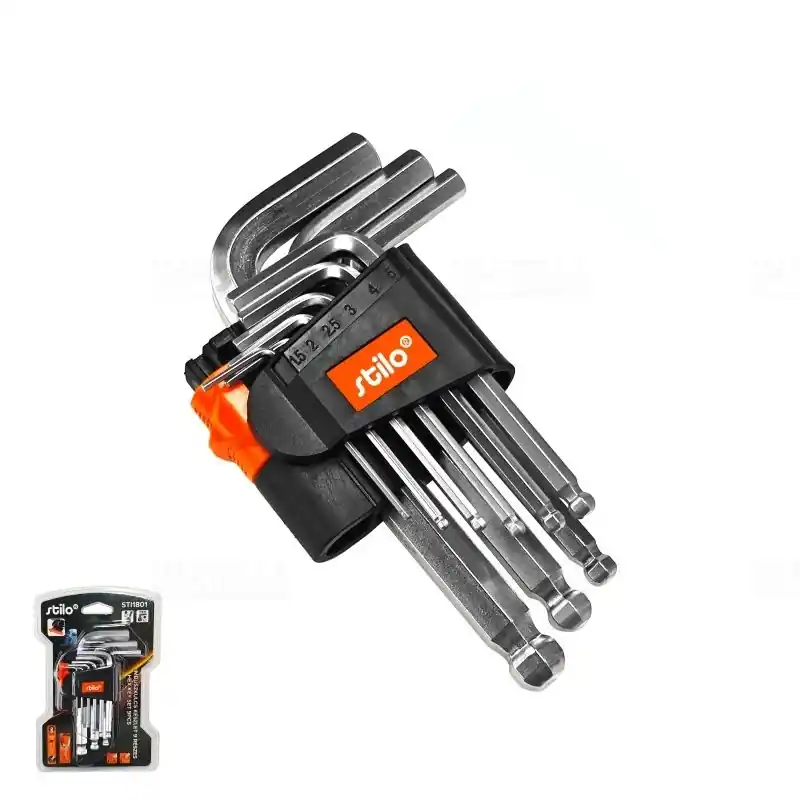 Imbuszkulcs készlet rövidszárú 9 részes, gömbfejű, mágnesezett, Stilo STI1801 Gyors szállítás