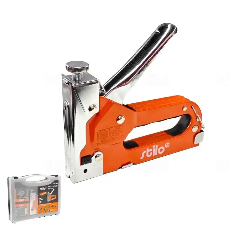 Akció Stilo tűzőgép készlet, tartalma: 1db kézi tűzőgép, 200db szögletes tűzőkapocs, 200db U alakú tűzőkapocs, 200db T alakú tűzőkapocs STI1796