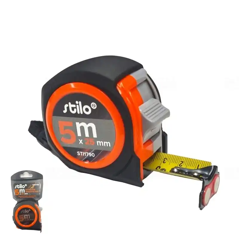 Mérőszalag 5m x 25mm, mágneses véggel, gumírozott házas, Stilo STI1790 Biztonságos fizetés