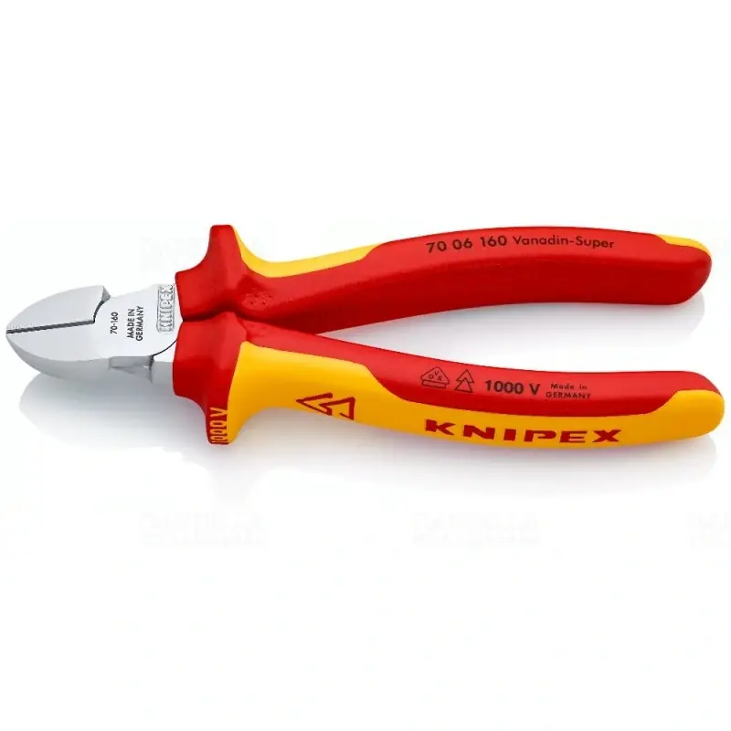 Kiváló minőség KNIPEX Oldalcsípőfogó többkomponensű burkolattal szigetelt, VDE-típusengedély krómozott 160mm (7006160)